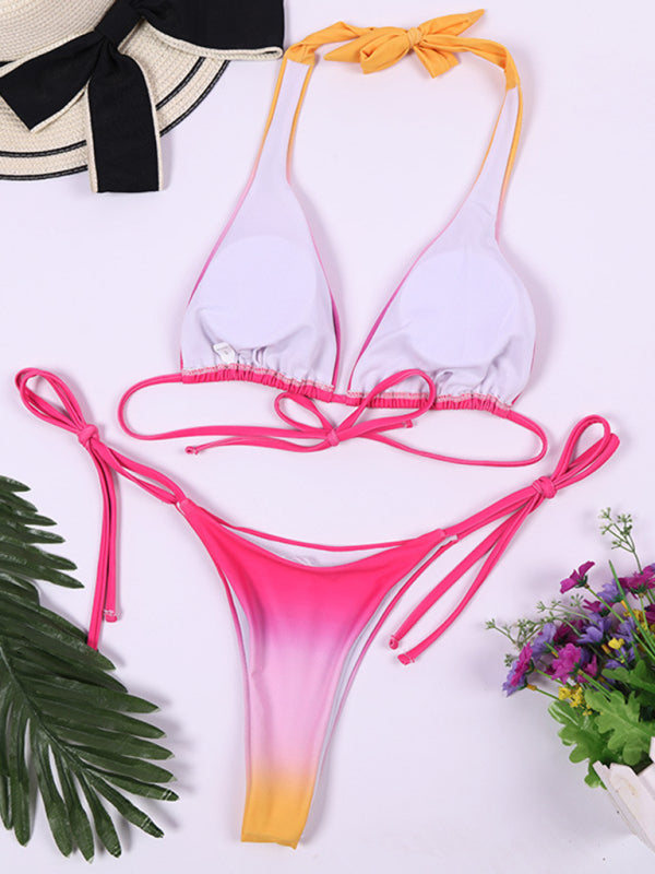 Backless Gradient Bikini Set – Knit Sexy Swimwear in Pink or Blue