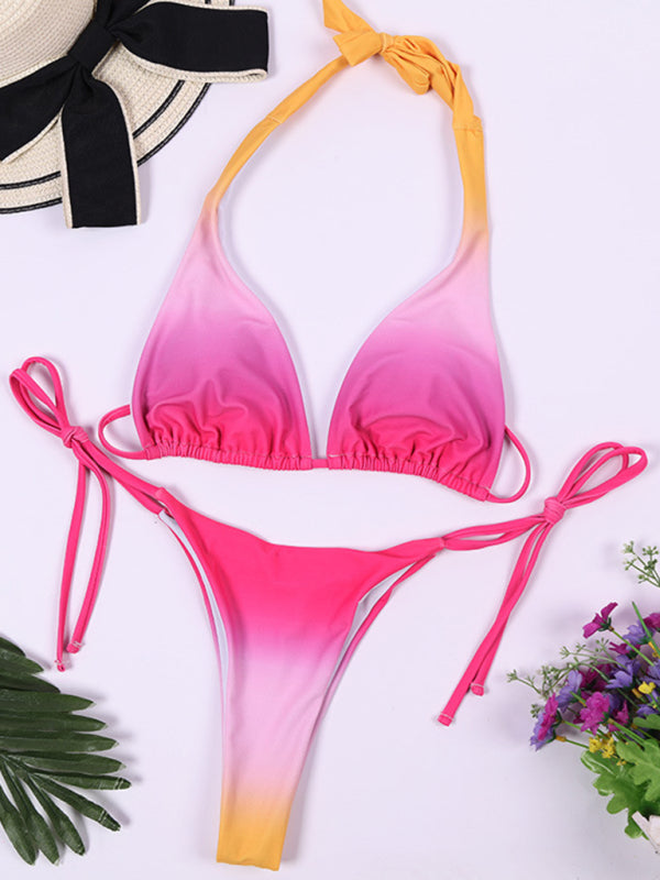 Backless Gradient Bikini Set – Knit Sexy Swimwear in Pink or Blue