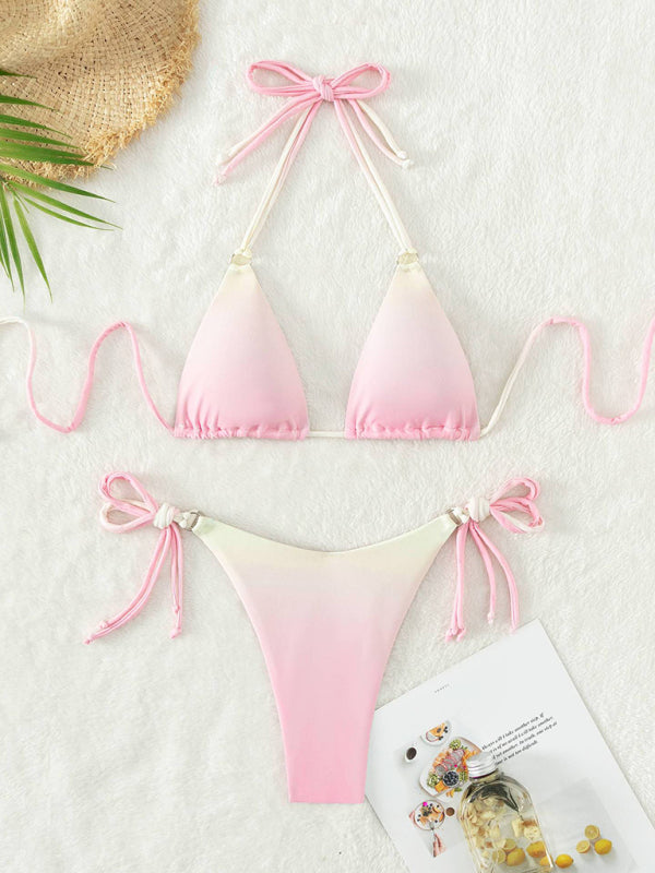 Gradient Halter Neck Strapless Mini Bikini – Sexy Knit Design with Moderate Stretch