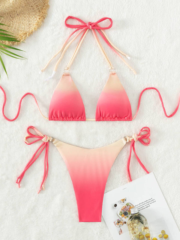 Gradient Halter Neck Strapless Mini Bikini – Sexy Knit Design with Moderate Stretch