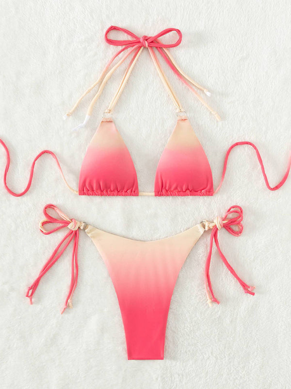 Gradient Halter Neck Strapless Mini Bikini – Sexy Knit Design with Moderate Stretch