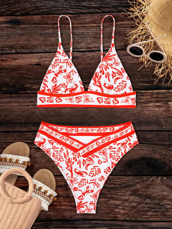 Orange Floral Bikini Set – Sexy Split Design, Stretch Knit Fabric