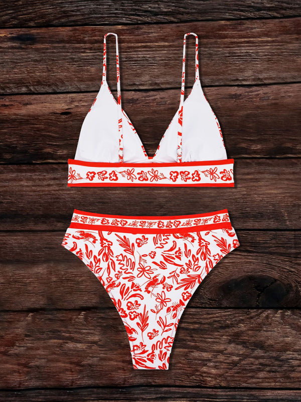 Orange Floral Bikini Set – Sexy Split Design, Stretch Knit Fabric