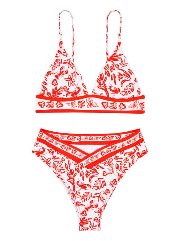 Orange Floral Bikini Set – Sexy Split Design, Stretch Knit Fabric