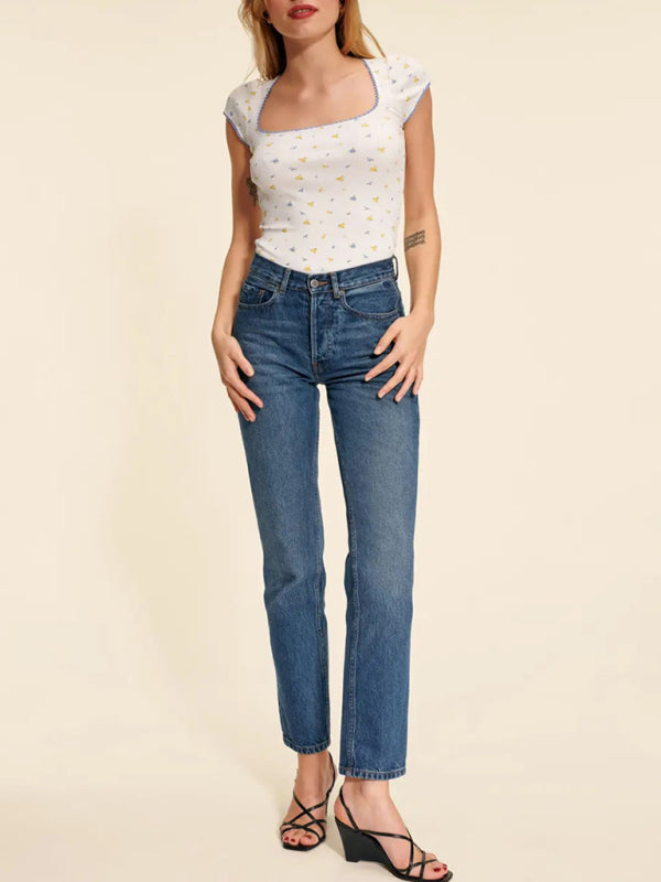Women's New Simple and Versatile Knitted French Retro Square Neck Slim Fit Stretch Printed T-Shirt