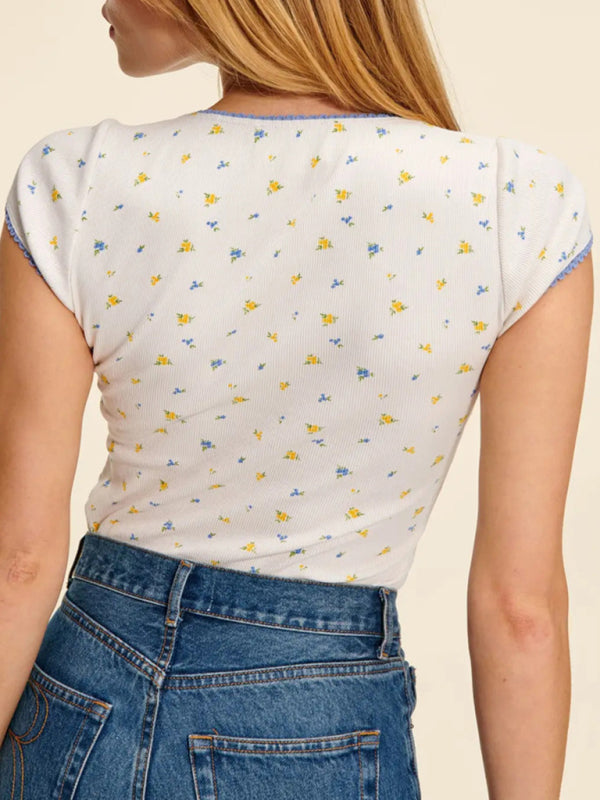 Women's New Simple and Versatile Knitted French Retro Square Neck Slim Fit Stretch Printed T-Shirt