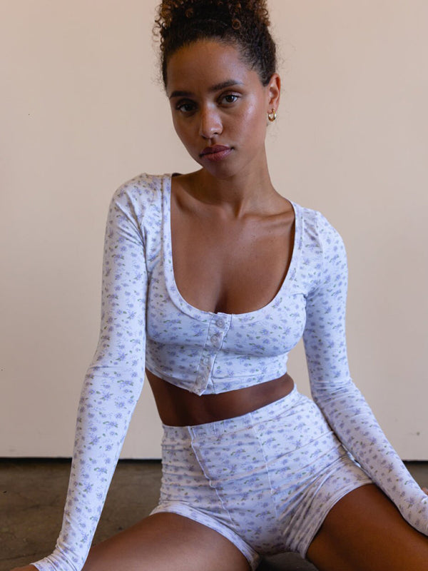 Printed Long Sleeve Lounge Set – Soft Spandex-Cotton Pajama Shorts & Top