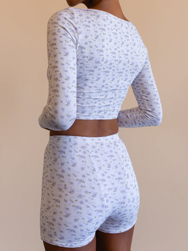 Printed Long Sleeve Lounge Set – Soft Spandex-Cotton Pajama Shorts & Top