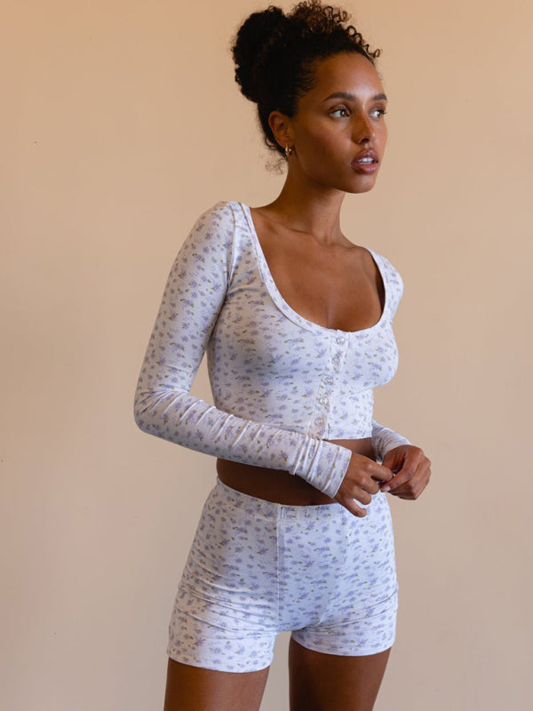 Printed Long Sleeve Lounge Set – Soft Spandex-Cotton Pajama Shorts & Top