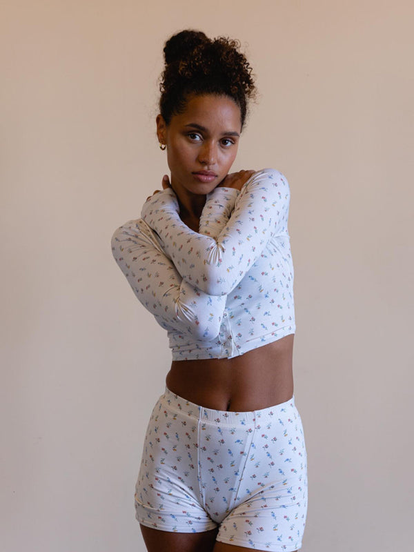 Printed Long Sleeve Lounge Set – Soft Spandex-Cotton Pajama Shorts & Top