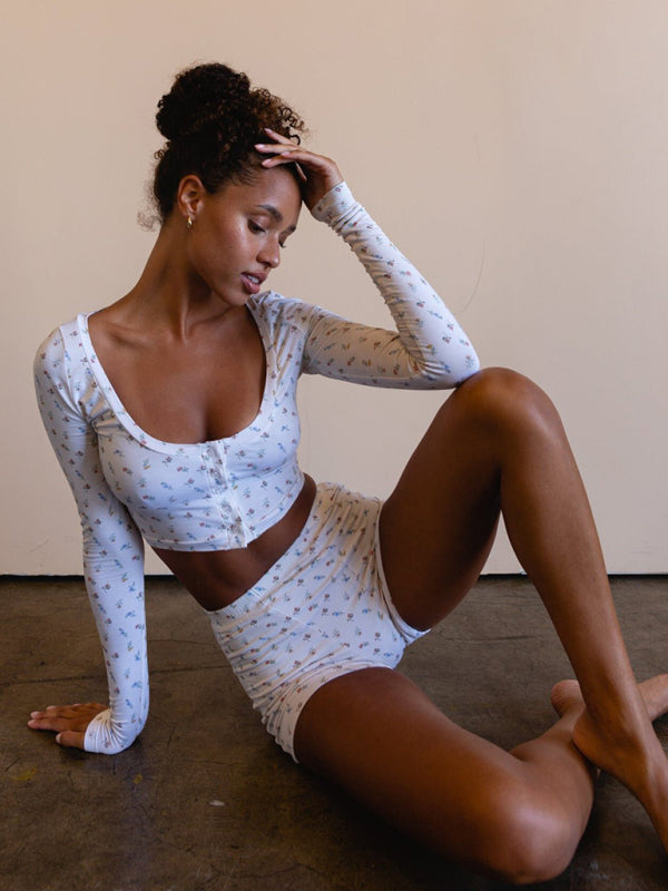 Printed Long Sleeve Lounge Set – Soft Spandex-Cotton Pajama Shorts & Top