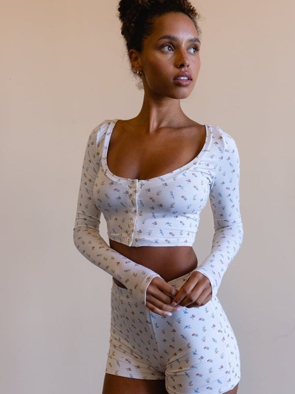 Printed Long Sleeve Lounge Set – Soft Spandex-Cotton Pajama Shorts & Top