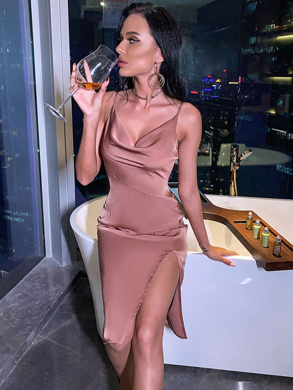 Strapless Satin Party Dress with Stacked Collar