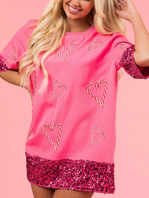 Sequin Heart Print Long T-Shirt – Valentine's Cute Knit Top in Pink