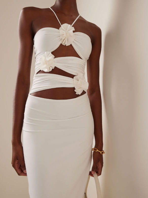 3D Floral Hollow Halter Maxi Dress – Sexy Knit Sleeveless Bodycon