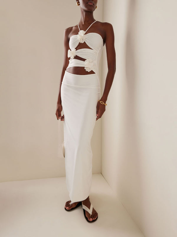 3D Floral Hollow Halter Maxi Dress – Sexy Knit Sleeveless Bodycon