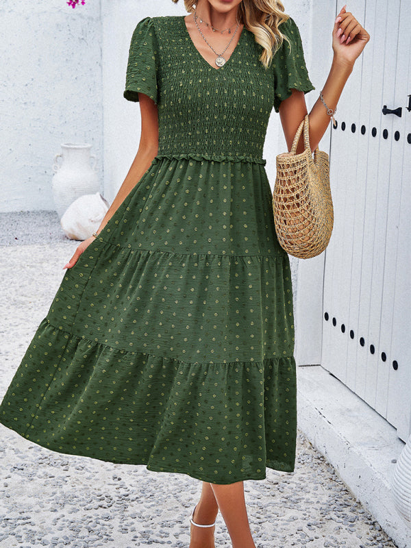Polka Dot V-Neck Short Sleeve Dress – Lightweight & Flowy for Summer