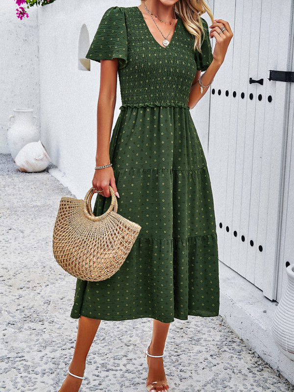 Polka Dot V-Neck Short Sleeve Dress – Lightweight & Flowy for Summer