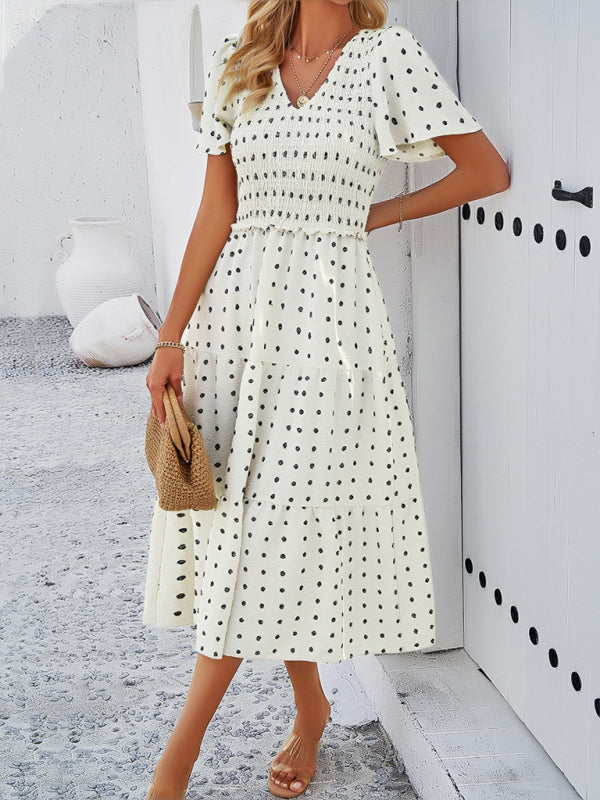 Polka Dot V-Neck Short Sleeve Dress – Lightweight & Flowy for Summer