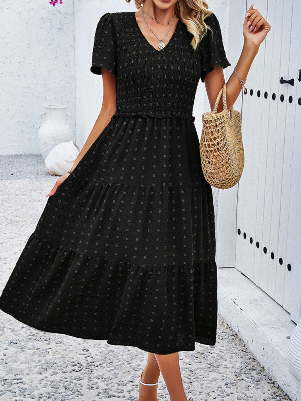 Polka Dot V-Neck Short Sleeve Dress – Lightweight & Flowy for Summer