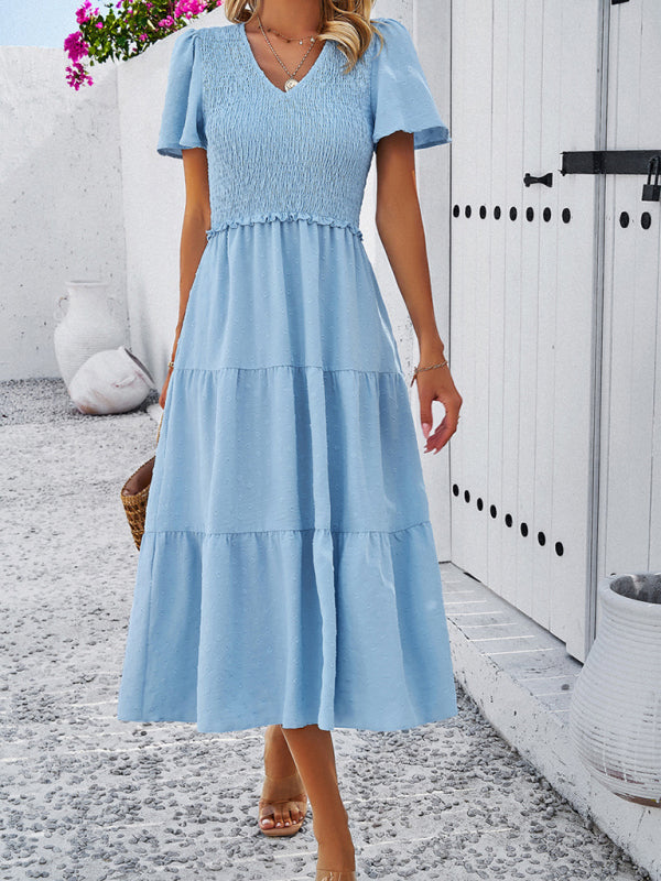 Polka Dot V-Neck Short Sleeve Dress – Lightweight & Flowy for Summer