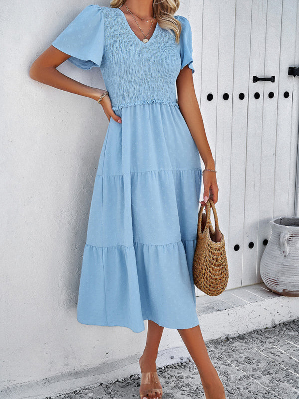 Polka Dot V-Neck Short Sleeve Dress – Lightweight & Flowy for Summer