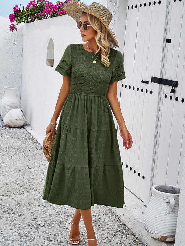 Elegant Hollow Midi Dress – Solid Color Chic for Spring & Summer