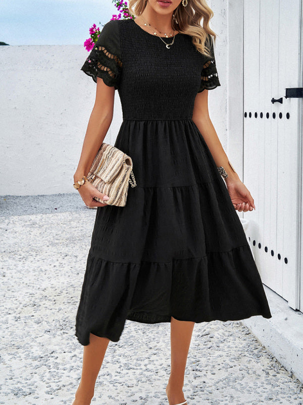Elegant Hollow Midi Dress – Solid Color Chic for Spring & Summer