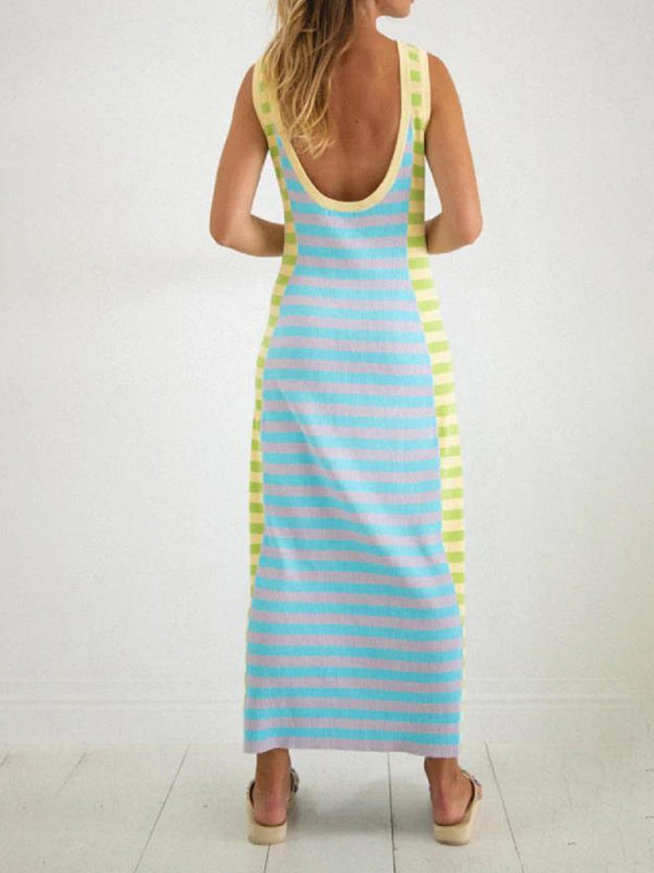 Colorblock Knit Maxi Dress – U-Neck, Sleeveless & Open Back