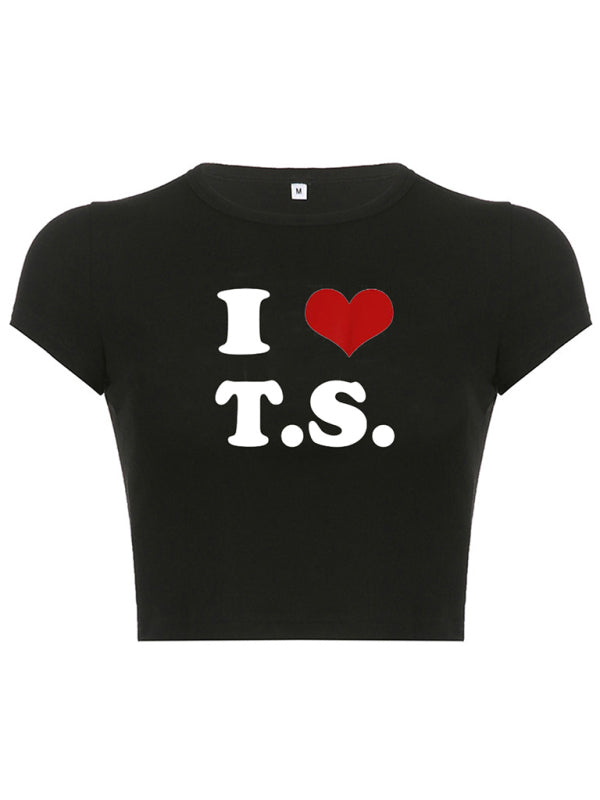 Women's Red Heart Crop Tee – Letter Print Pattern1