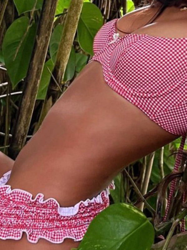 Plaid Bikini Set – Romantic Woven Swimwear with Spandex Comfort