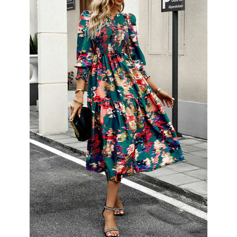 فستان أنيق بطوق مستدير مطبوع – ملاءمة رشيقة لجميع المواسم ابتسامة ماريا - كل شيء للنساء 34652074