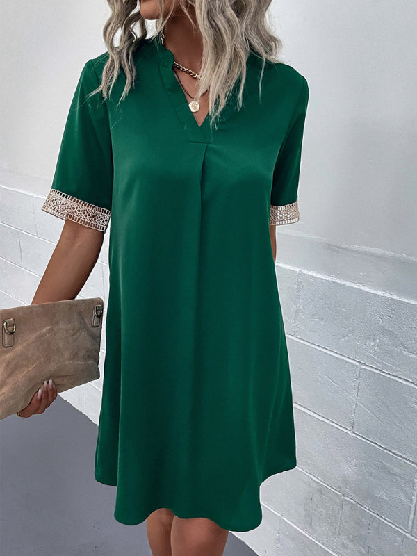 Elegant V-Neck Short Sleeve Dress – Lightweight Woven Grace Style