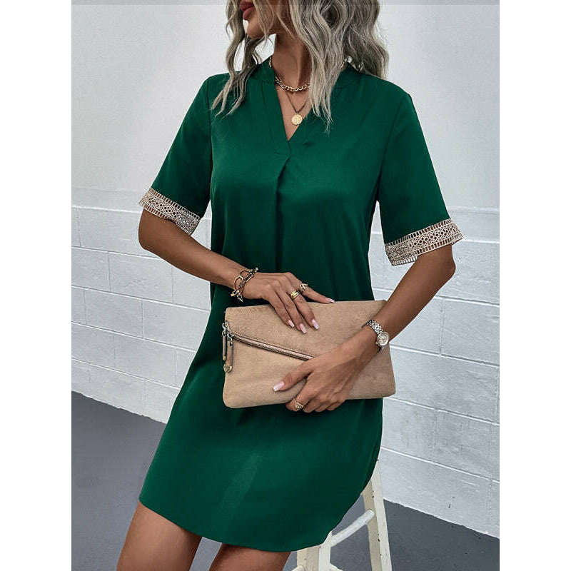 فستان أنيق بياقة على شكل حرف V وأكمام قصيرة – أنماط جريس منسوجة خفيفة ماريا المبتسمة --- كل شيء للنساء 34652086