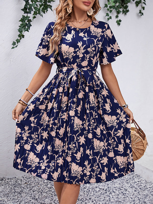 Floral Print Waist-Defined Dress – Round Neck, Lace Detail, Spring Look