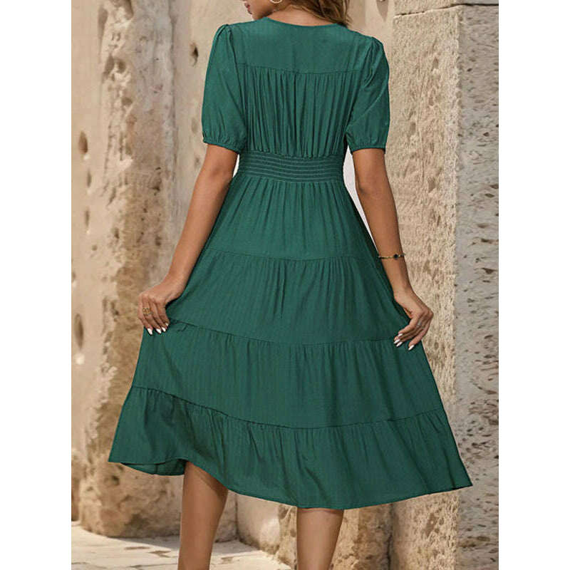 فستان بفتحة عنق على شكل حرف V وأكمام قصيرة وخصر - أنيق بلون موحد وخفيف للربيع - جاهز - ابتسامة ماريا - كل شيء للنساء 34651470