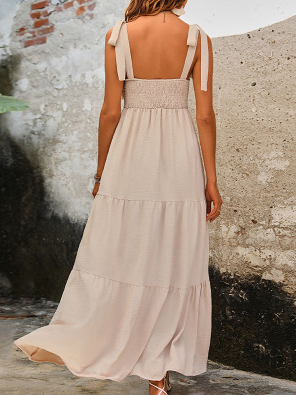 Backless Cracker Khaki Suspender Midi Dress – Lightweight Woven Fit for Spring & Summer