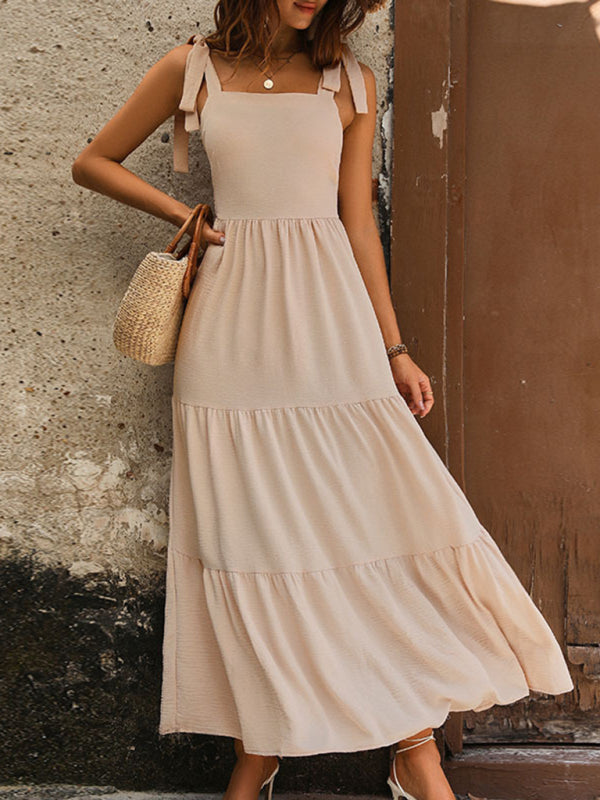 Backless Cracker Khaki Suspender Midi Dress – Lightweight Woven Fit for Spring & Summer
