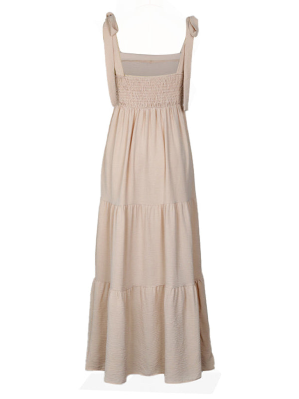 Backless Cracker Khaki Suspender Midi Dress – Lightweight Woven Fit for Spring & Summer