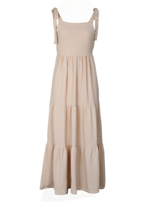 Backless Cracker Khaki Suspender Midi Dress – Lightweight Woven Fit for Spring & Summer