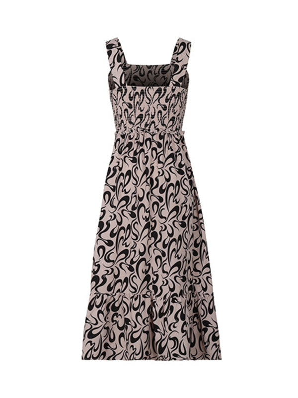 Geometric Print Suspender Dress – Khaki, Romantic Style, Spring-Summer