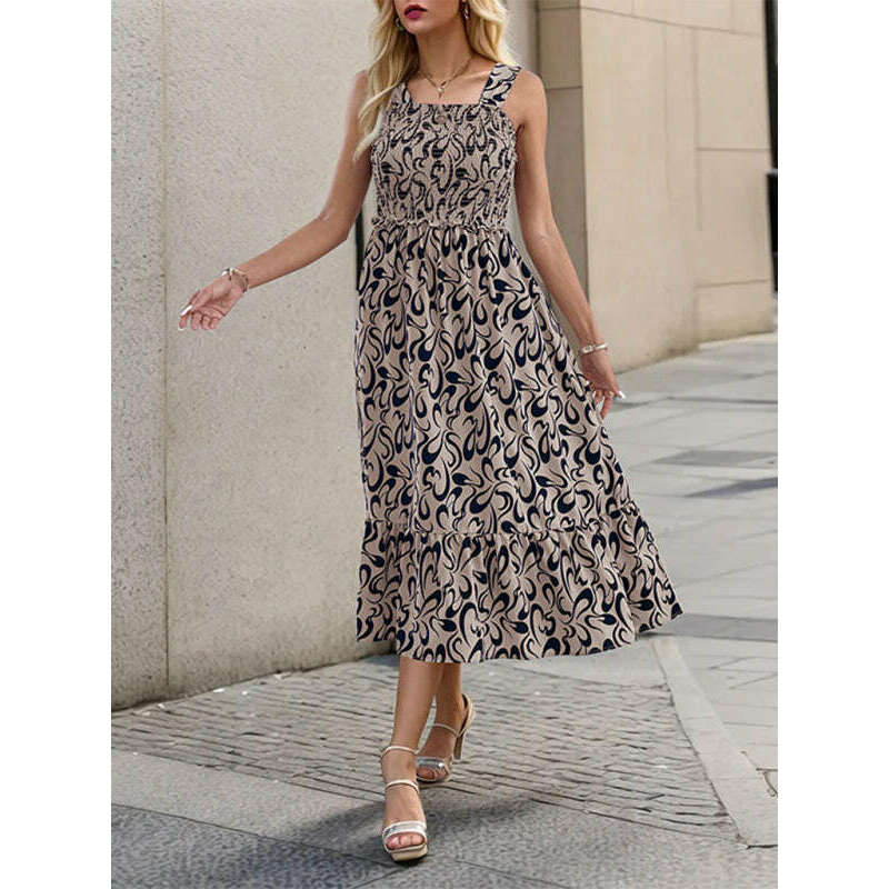 فستان بحمالات بطبعة هندسية – كاكي بأسلوب رومانسي لربيع وصيف ابتسامة ماريا - كل شيء للنساء 34651376