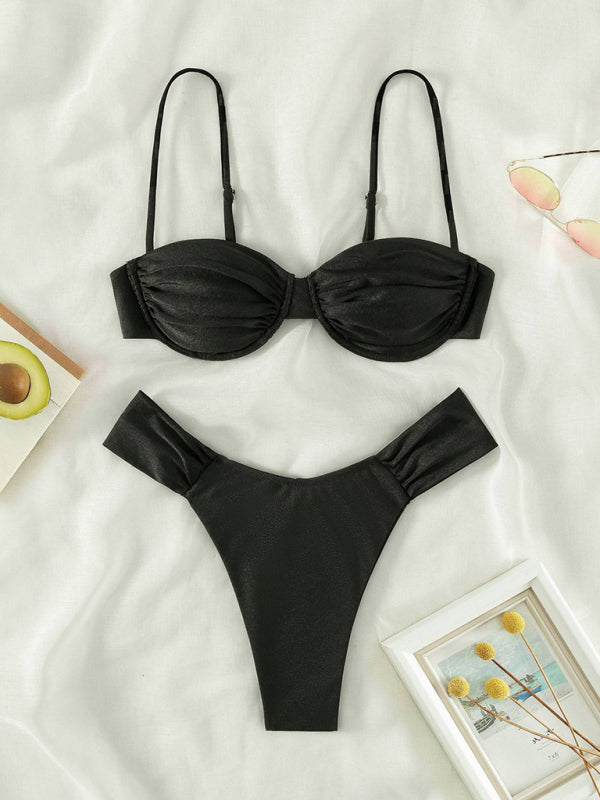 Pleated Suspender Bikini Set – Sexy Knit Design, Spring-Summer Beachwear