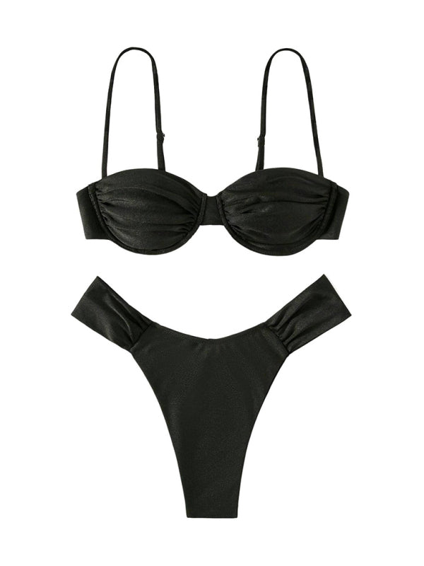 Pleated Suspender Bikini Set – Sexy Knit Design, Spring-Summer Beachwear