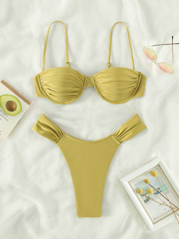 Pleated Suspender Bikini Set – Sexy Knit Design, Spring-Summer Beachwear