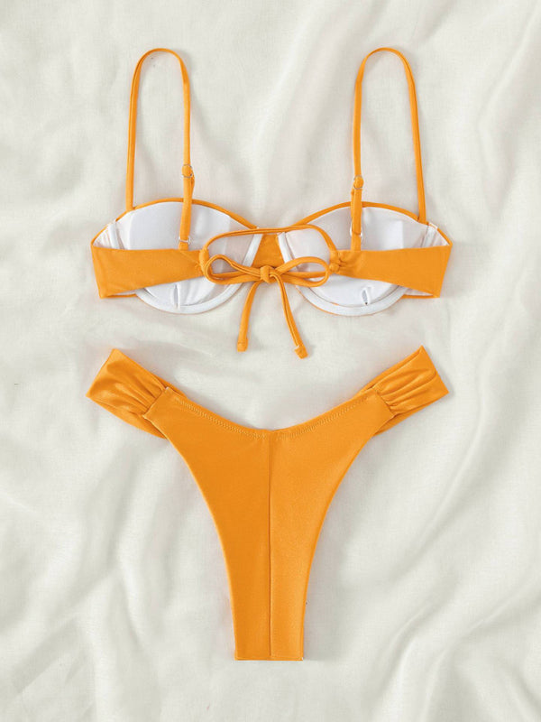 Pleated Suspender Bikini Set – Sexy Knit Design, Spring-Summer Beachwear