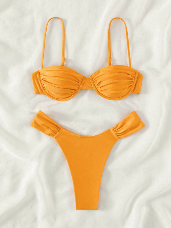 Pleated Suspender Bikini Set – Sexy Knit Design, Spring-Summer Beachwear