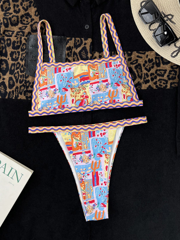 Bandeau One-Piece Swimsuit – Colorful Ethnic Print, Moderate Stretch