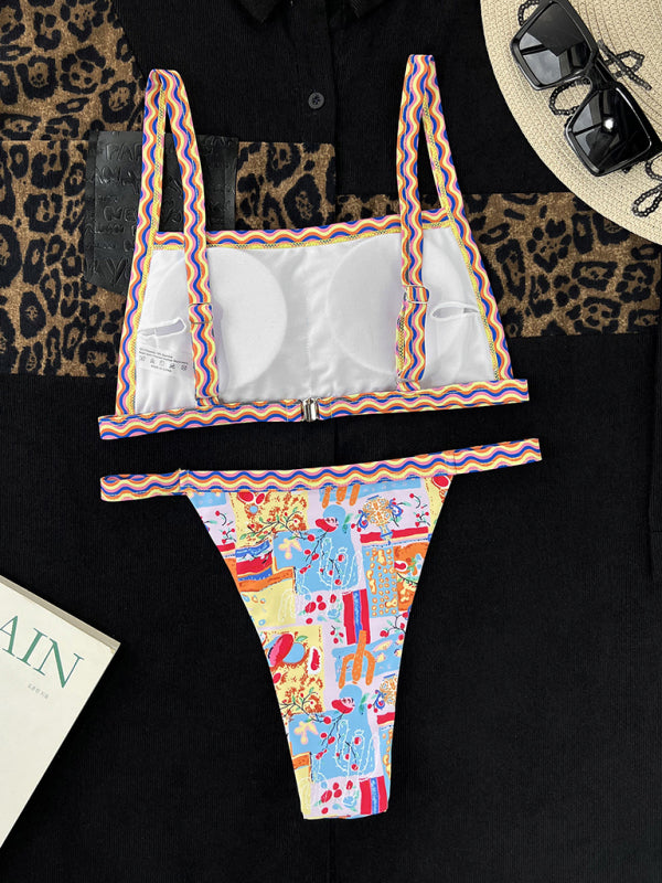 Bandeau One-Piece Swimsuit – Colorful Ethnic Print, Moderate Stretch