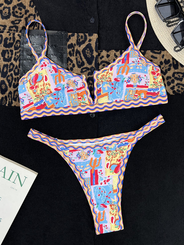 Colorful V-Neck Ethnic Bikini Set – Moderate Stretch, Flattering Fit